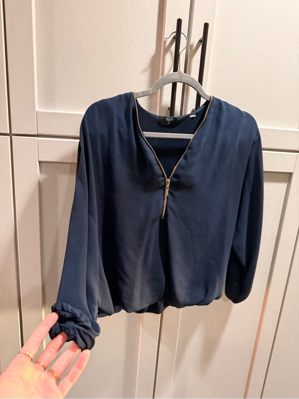 Tahari Navy Top with Gold Zip Detail
